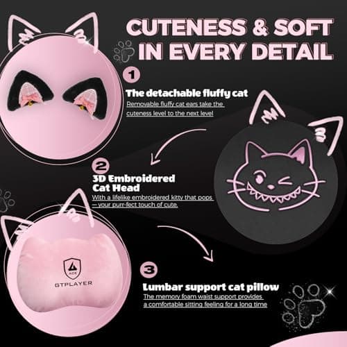 GTPOFFICE Cute Gaming Chair with Cat Ears,Ergonomic Computer Chair with Footrest Cat Paw Lumbar Support Comfortable Reclining Game Chair Desk Chair for Adult Teens, Soft Fabric, Pink Black - Thumbnail 4