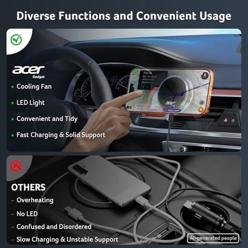 Acer Gadget 25W for MagSafe Car Mount Charger, Wireless Car Charger with Cooling Fan & Backlight, Vent Phone Mount with 45W Car Adapter, 360° Rotation Magnetic Phone Holder for iPhone 17/16/15/14/13 - Thumbnail 2