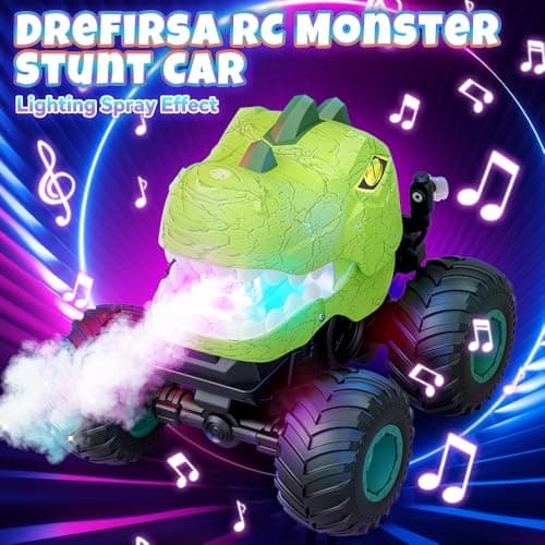 Drefirsa Dinosaur Remote Control Car for Kids Ages 3-5 6-12, Remote Control Monster Truck with Spray, Light, 360° Rolling&90° Driving, All Terrain Dinosaur Toy for Boys Birthday Gift - Thumbnail 4