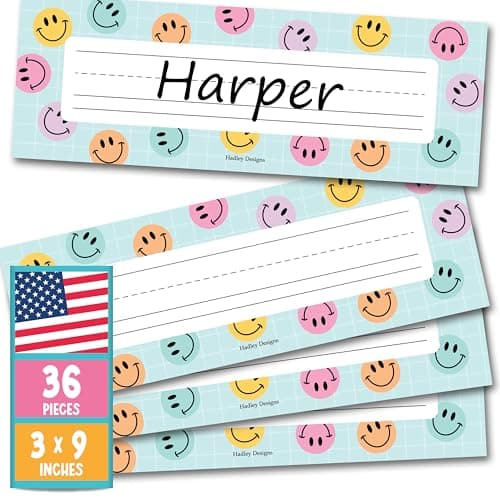 Hadley Designs Desk Name Tags for Classroom - 36 Student Desk Name Plates for Classroom Decor, 9x3 Smiley Nametags Cubby Labels Teacher Supplies, 1st 2nd 3rd Grade Kindergarten Preschool Must Haves