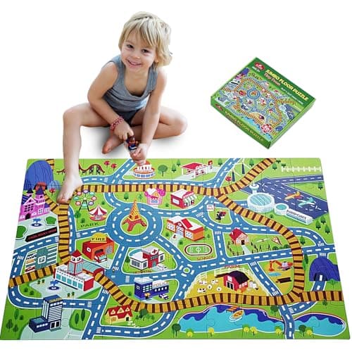 Beeqoo Jumbo Floor Puzzle for Kids Ages 3-5, Giant City Race Tracks Jigsaw Puzzles for Toddler 2-4 (60pcs 35.4x23.4 Inch Extra-Thick Cardboard), Educational Preschool Toy for 4-6 Year Old