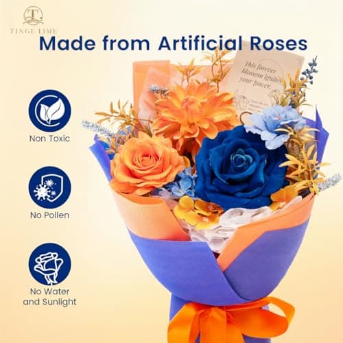 TINGE TIME Preserved Flowers Bouquet, Orange & Navy Blue Roses Gift Bouquet, Eternal Roses Bouquet for Wedding, Table Centerpieces, Mothers Day, Birthday Gifts, Anniversary, Graduation - Thumbnail 5