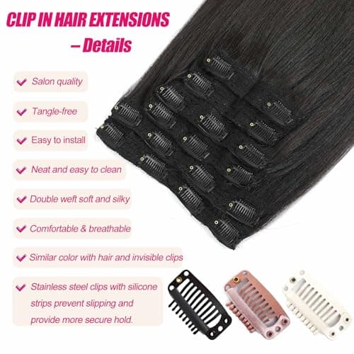 20Inch Clip in Hair Extensions Real Human Hair 120g 6pcs Yaki Straight Clip in Remy Human Hair Extensions Double Weft Clip ins for Women (4#, 20 Inch) - Thumbnail 4