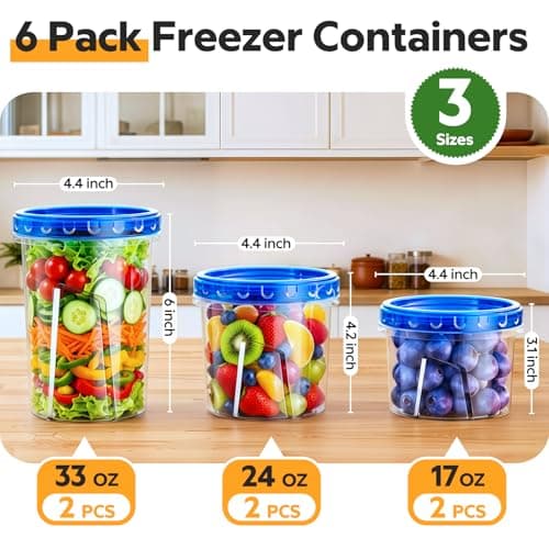 HOMETALL Freezer Storage Containers, [6 Pack- 33/24/17 OZ] Airtight Plastic Food Storage Containers with Twist Top Lids, Soup, Meal Prep Containers | BPA Free | Stackable | Leakproof | Microwave Safe - Thumbnail 2