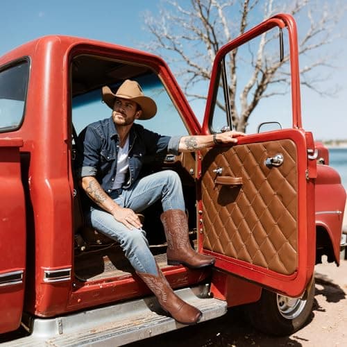 Tarkwa Cowboy Boots for Men, Western Men's Boots, Slip on Square Toe Boots, Slip Resistant Country Boots, Chunky Heel Ankle, Durable Short Boots for Spring Fall, Brown Szie 11 - Thumbnail 5