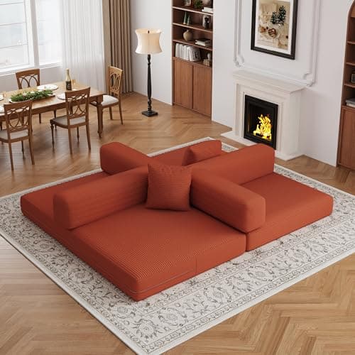 59.0 Inch Convertible Sofa Bed, 4-in-1Futon Sofas Bed Pull Out Sleeper Couch, Modern Deep Seat Sofa for Living Room, Corduroy Boneless Couches for Bedroom, Apartment, No Assembly, Orange, 59" 2 Seat - Thumbnail 3