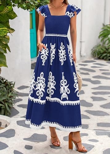 BTFBM Summer Dresses for Women 2026 Casual Floral Boho Sleeveless Square Neck A Line Flowy Beach Maxi Sundress Pockets(Dark Blue White Flower, XX-Large) - Thumbnail 2