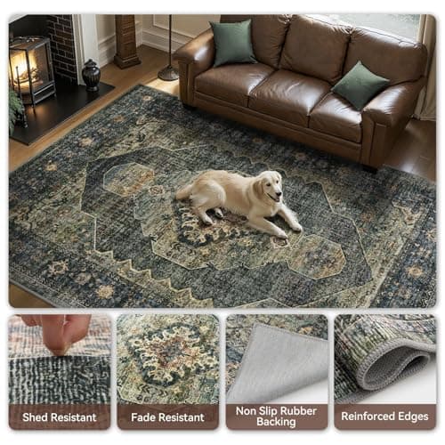 Olive Green 5x7 Area Rugs for Living Room Bedroom Rug Washable Soft Vintage Neutral Farmhouse Dining Room Office Rug Carpet Water Repellent Easy Care Non Slip - Thumbnail 5