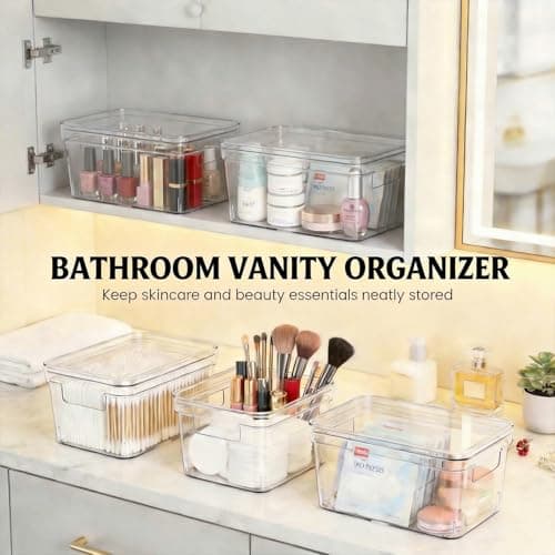 MOONEDGE Small Clear Plastic Storage Bins with Lids and Handles,Stackable Small Item Organizer Containers for Vanity,Craft,Office,Fridge,Kitchen,Pantry,Bathroom,Closet – 2 Pack (10×6×5 in) - Thumbnail 4