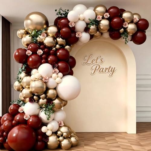 Burgundy Balloon Garland Arch Kit, Burgundy Maroon Gold Sand White Balloons for Christmas Birdal Shower Graduation Birthday Party Decorations