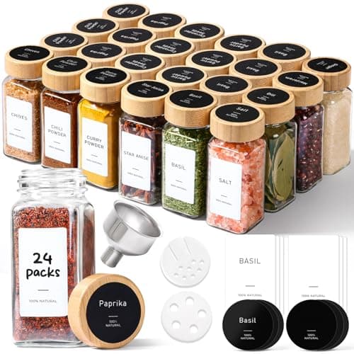 ComSaf Spice Jars with Label 4 oz 24Pcs, Glass Spice Jars with 6 Extra Shaker Inserts and 93 Labels, Seasoning Set with Bamboo Lids and Metal Funnel, Square Containers for Organization, Salt, Pepper - Image 1