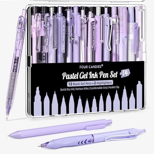 Four Candies Writing Ink Pens with Black & Purple Ink and 2Pack Highlighter Retractable 0.5mm Smooth Fine Point Pens Purple Pens for School Office Girly Stationery Aesthetic Desk Accessories Set of 14