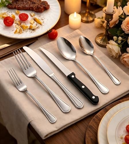 48-Piece Stainless Steel Silverware Set for 8, Mirror Polished Flatware Set with Steak Knives, Silver Cutlery Set for Home, Kitchen & Restaurant Use, Dishwasher Safe - Thumbnail 3