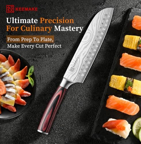 KEEMAKE Santoku Knife - 7 Inch High Carbon Japanese Chefs Knife with Ergonomic Pakkawood Handle and Sheath, Gifts for Mom or Dad, Kitchen Gadgets with Gift Box, Father Day Gifts - Thumbnail 5