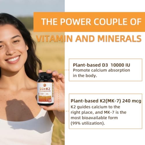 M inch Vitamin D3 K2 with Magnesium, Vitamin D3 10000 IU, Vitamin K2 MK-7 240 mcg, 6-in-1 K2 D3 Vitamin Supplement with Quercetin for Bone, Immune & Moo*d Support, Highly Bioavailable, 120 Capsules - Thumbnail 4
