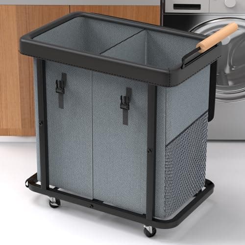 190L (50 Gal) Extra Large Fashion Laundry Hamper 2 Section with Lid, Rolling Laundry Basket Hamper with Handle, Laundry Organizer Storage Cart with Sturdy Metal Frame for Laundry Room,Hotel,Gray