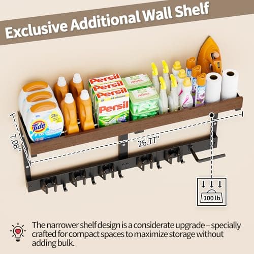 Broom Holder Wall Mount with Cleaning Supplies Organizer, Laundry Room Shelves with Mop Hanger Rack Gripper Hooks and Vacuum Organizer, Broom and Mop Organizer Wall Hanging for Home Garage Kitchen - Thumbnail 5