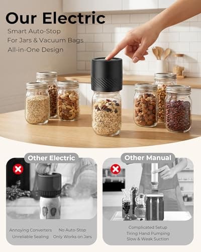 Electric Mason Jar Vacuum Sealer Kit with Auto-Stop, 1200mAh Cordless Jar Vacuum Sealer for Wide & Regular Mouth Mason Jars, Portable Automatic Vacuum Sealer with 10 Lids & 2 Vacuum Bags - Thumbnail 4