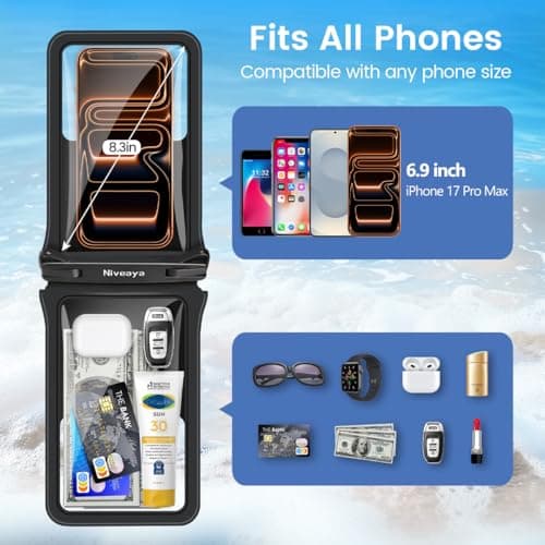 Niveaya IPX8 Double Space Waterproof Phone Pouch (up to 8.3") -2 Pack Waterproof Phone Case with Lanyard for iPhone 17 16 15 Pro Max,Touchscreen & Underwater Photography, Beach Cruise Essentials 2026 - Thumbnail 5