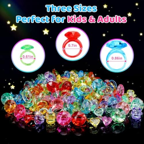100pcs 3-Size Gem Diamond Rings Toys for kids&Unisex Adult,Bulk Plastic Ring Princess Party Favors Dress Up Jewel Ring,Goodie Bag Stuffers Fillers Carnival Prizes, Little Girl Christmas Birthday Gift - Thumbnail 2