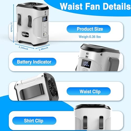 Sunoony Waist Fan Clip on Shirt Belt Body Wearable Hand-Free Rechargeable Battery Powered Fan with 3 Speed & Flashlight Cooling Portable Neck Fan for Outdoor Travel - Thumbnail 3