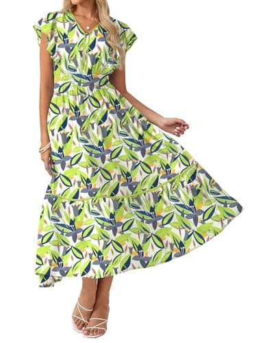GRACE KARIN 2026 Summer Wedding Guest Dresses for Women Ruffle Sleeve Boho Midi Dress Smocked Flowy Floral Dress with Pocket White Green S - Image 1