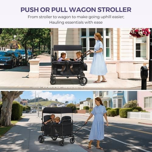 ELEMARA Wagon Stroller 4 Seater, Premium Stroller Wagon for 4 Kids, Foldable All-Terrain Wagon for Kids with Canopy, Adjustable Push/Pull Handles,Convertible High Seat&Organizer, Black - Thumbnail 3