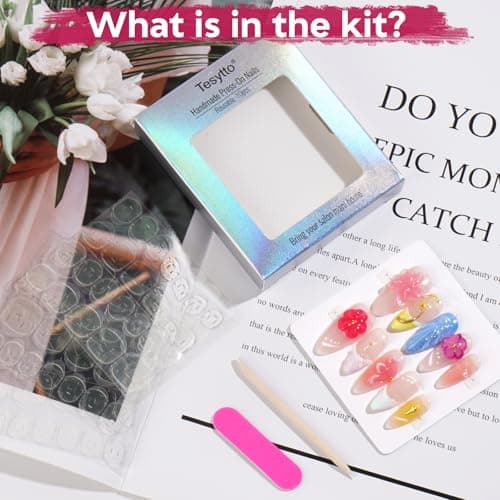 Tesytto Handmade Press on Nails 3D Floral Carved Medium Almond Fake Nails French Tips, Multi-Layer Gel Acrylic Nails for Women Nail Art (Sheer Floral Glow,M) - Thumbnail 4