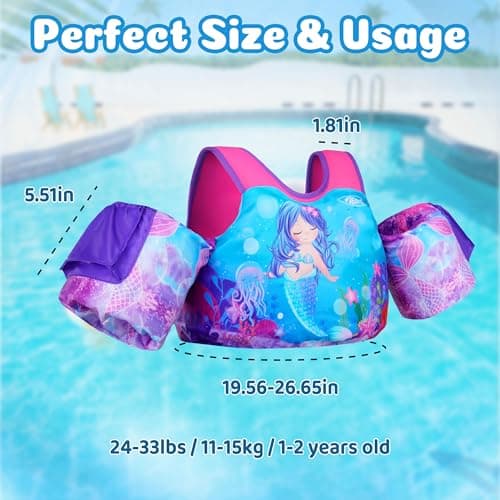 AEOCOO Puddle Float Jumper 20-30-50 Pounds, Toddler Swim Vest for 1-3-5 Years Old, Pool Floats with Swimming Arm Floaties Swim Jacket with Water Wings for Kids Swimmies, Boys, Girls, Niños, Mermaid - Thumbnail 6