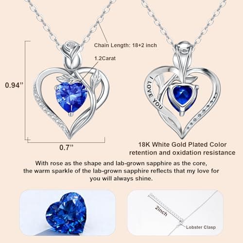 JACUPO Heart Birthstone Silver Necklace for Women(09 - Sapphire) - Thumbnail 2