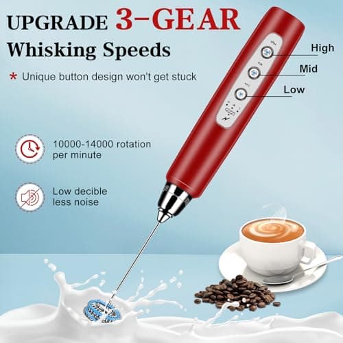 BSRGMS Milk Frother Handheld for Coffee, Electric Whisk 3 Speed Adjustable, Drink Mixer with Stainless 3 Whisks, Rechargeable Hand Frother Wand, Foam Maker for Latte Cappuccino Hot Chocolate Egg Red - Thumbnail 3