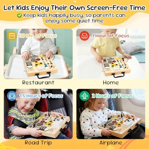 Wooden Busy Board with LED Light，Montessori Baby Learning Toys for Toddlers , Sensory Activity Board , Travel Educational Toy Boy & Girl Birthday Gift (Black Handle) - Thumbnail 6