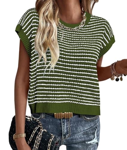 ATHMILE Spring Tops for Womens Short Sleeve Sweater Striped Round Neck Pullover Cap Sleeve Knit Cute Fashion Vest 2026 Army Green - Image 1