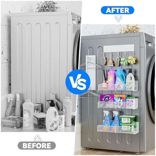 JulktLli 5 Pack Multifunctional Magnetic Shelves for Washing Machine & Refrigerator - Heavy Duty Laundry Room Organization System with Tool Hooks, Metal Storage Baskets (White) - Thumbnail 3