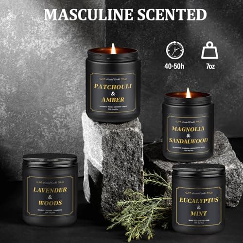 Aeraroma Scented Candles for Men Gift Set, 4 Pack Soy Wax Aromatherapy Candle for Home Scented, Lavender/Patchouli/Sandalwood/Eucalyptus, Stress Relief Relaxing Gift for Dad Husband Boyfriend Man - Thumbnail 4