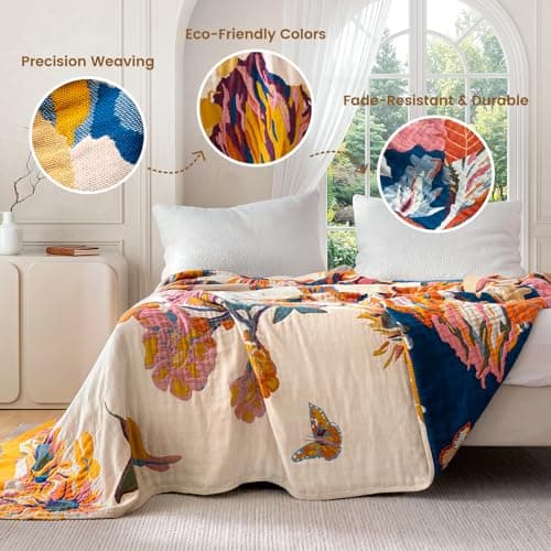 MSGKV Boho Throw Blanket for Couch and Sofa 50"x60" Cotton Throw Cover for Living Room with Floral and Butterfly, Spring Breathable&Lightweight Blanket - Thumbnail 4