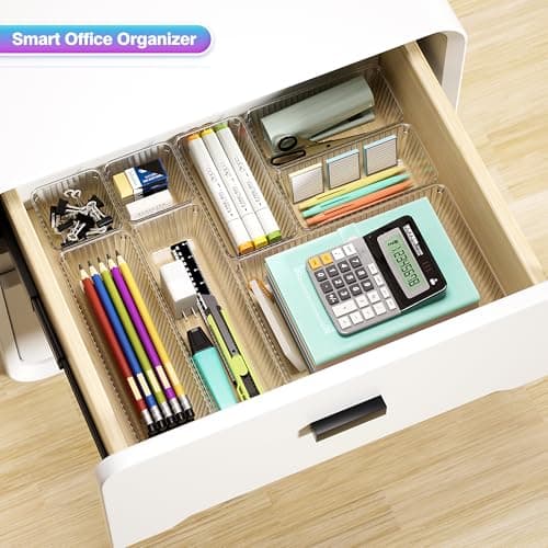 Okylvve 47 PCS Clear Plastic Drawer Organizer Set - 4 Sizes Makeup Organizer Desk Drawer Divider Bathroom Organizers and Storage Bins for Makeup, Jewelry, Gadgets, Office, Kitchen, Bedroom, Bathroom - Thumbnail 6