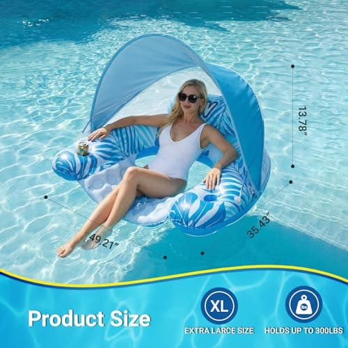 Pool Float for Adults with Canopy, XL Inflatable Chair Lounge Floaties with Adjustable Sun Shade Cover, Drink Holder, Ergonomic Headrest - Thumbnail 2