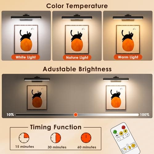 Picture Light for Wall with Remote, Wireless Battery Operated Wall Lights with 3 Colors Dimmable & Timer, 12.6" Rechargeable Metal Wall Sconce for Living Room, Artwork Gallery Display, Black 1Pack - Thumbnail 6