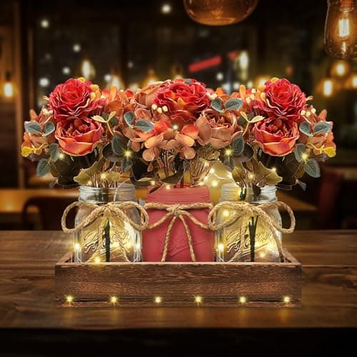 HOMECOR Mason Jar Light Centerpiece Table Decor for Dining Room - Farmhouse Centerpiece Table Decorations with Wood Tray and Remote Control LED Lights for Coffee Table Decor Living Room Wedding - Thumbnail 5