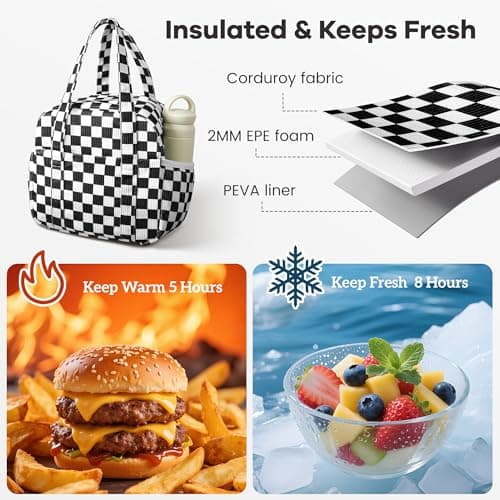 Yarnic Corduroy Lunch Bag Women Insulated, Large Lunch Box for Work with Bottle Pockets, Stylish Reusable Cooler Tote for Adults Teachers Picnic (black White Checkered) - Thumbnail 3