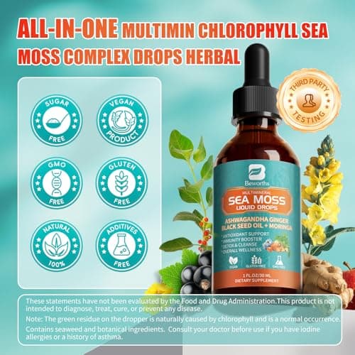 Sea Moss Drops - Irish Sea Moss Chlorophyll Liquid with Black Seed Oil, Ashwagandha, Moringa, Turmeric, Elderberry, Mullein, Seamoss Gel Supplement for Gut & Liver Cleanse, Immune Support - Vegan 2 Oz - Thumbnail 5