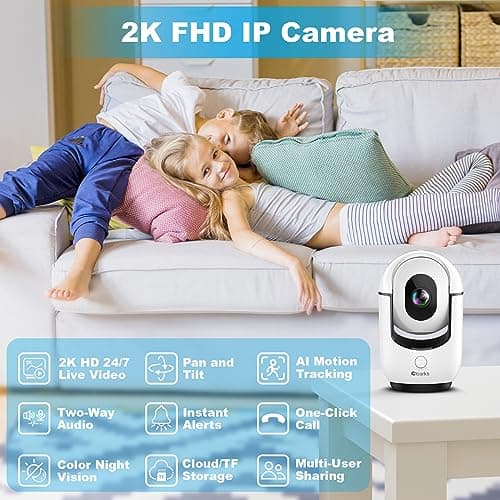 Cloarks 2K Pan/Tilt Security Camera, WiFi Indoor Cameras for Home Security with AI Motion Detection, Pet/Dog/Baby Camera with Phone App, 2-Way Audio, 24/7, Siren, TF/Cloud Storage - Thumbnail 2