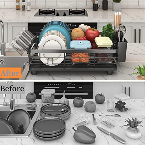 Godboat Dish Drying Rack, Dish Rack with Auto-Drain & Mat, Dish Drainers for Kitchen Counter, Glass Organizer for 4 Cups, 3 Slots Utensil Holder, Gifts for Women Mothers Day, Kitchen Gadgets & Decor - Thumbnail 4