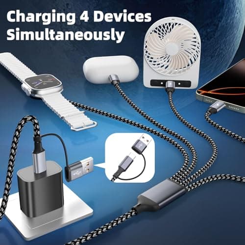 4 in 2 Charging Cable for Phone Watch Charger with 3 Type-C Ports, Travel Essentials USB C Splitter Multi Charging Cable/Cord for iWatch Ultra/SE/11-1, iPhone17 16 15 14, Android, More -1Pack 5FT - Thumbnail 3
