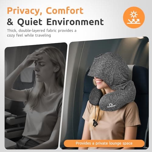 Joytential Travel Neck Pillow with Large Hood for Long Flights, Privacy Hooded Plane Pillow with Skin-Friendly Cover, Memory Foam, Travel Pillows for Road Trip, Airplane, Office Rest (Grey) - Thumbnail 3