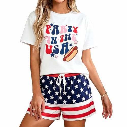MYHALF 4th of July Sets for Women Sequin Star Graphic Shirt and Shorts Patriotic Outfits 2 Piece Short Sleeve Lounge Set - Image 1