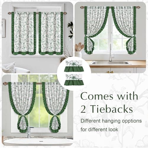 Yinhua Green Floral Kitchen Curtains 36 Inch with Ruffle and Tieback, Vintage French Linen Kitchen Window Curtains Over Sink, Light Filtering Rod Pocket Small Cafe Curtain, 26" W x 36" L, 2 Panels - Thumbnail 3