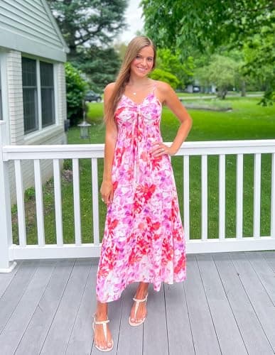 GRACE KARIN Women's Summer Boho Dress Floral Print Spaghetti Strap Tie Front V Neck Long Maxi Dress Beach Sundress - Thumbnail 3