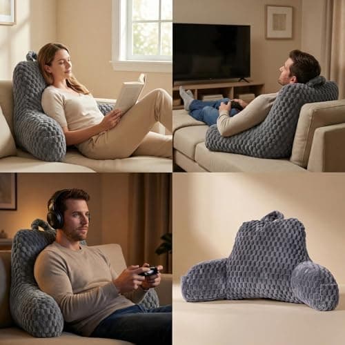 GRASS BROOK Faux Fur Reading Pillow with Pocket & Handle for Sitting in Bed, Ergonomic Back Support Bed Pillow for Lounging, Study & Relaxing, Gray 15.5 inches - Thumbnail 2